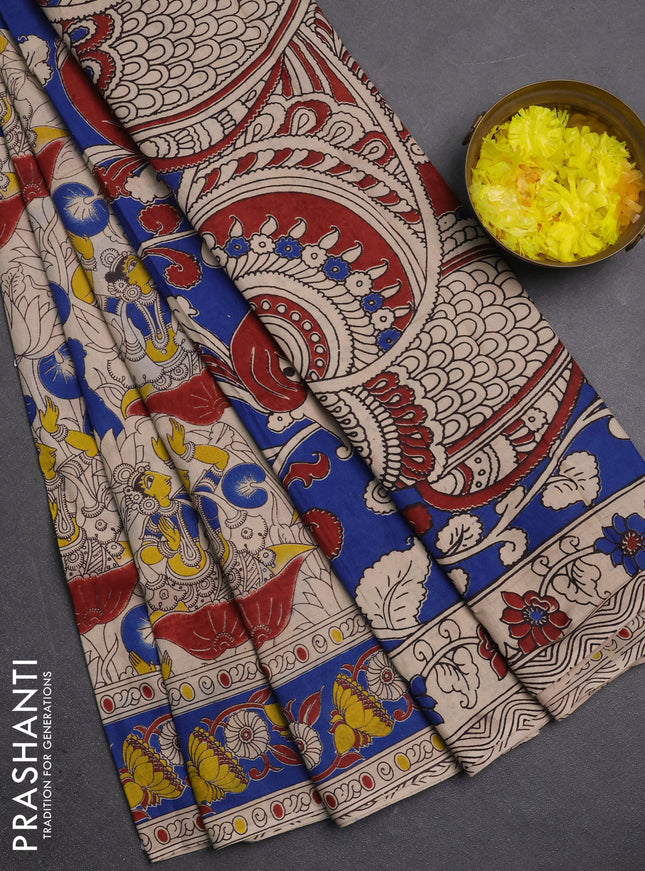 Kalamkari cotton saree beige and blue with allover prints and printed border