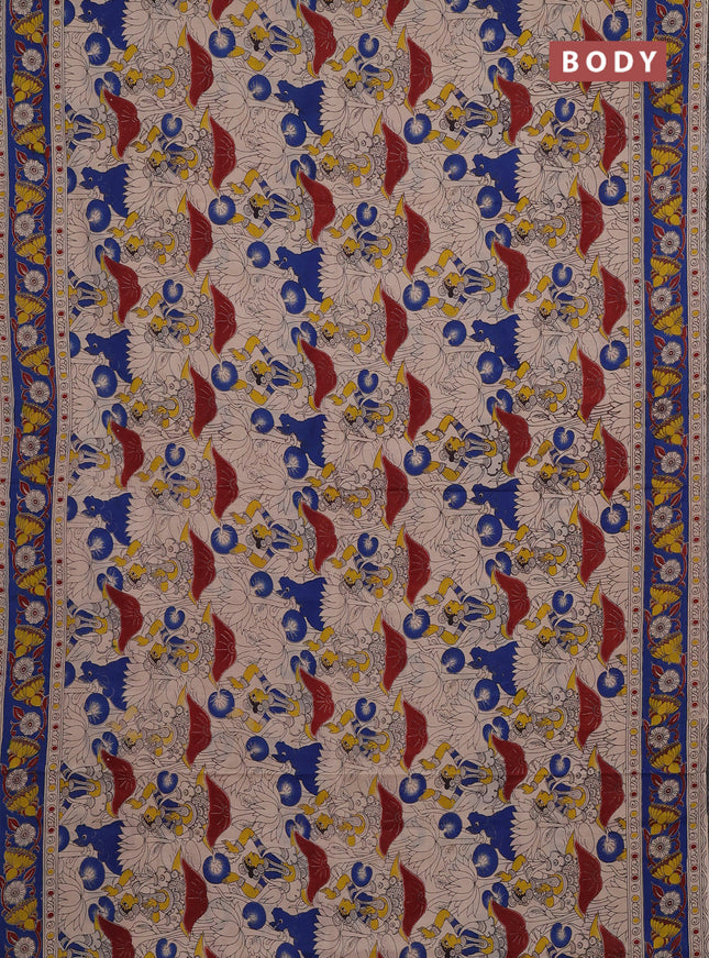 Kalamkari cotton saree beige and blue with allover prints and printed border