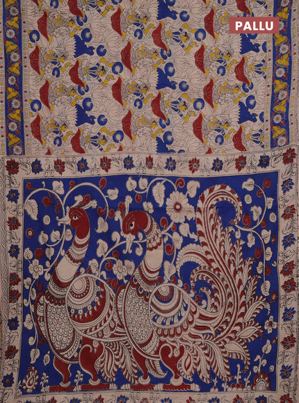 Kalamkari cotton saree beige and blue with allover prints and printed border