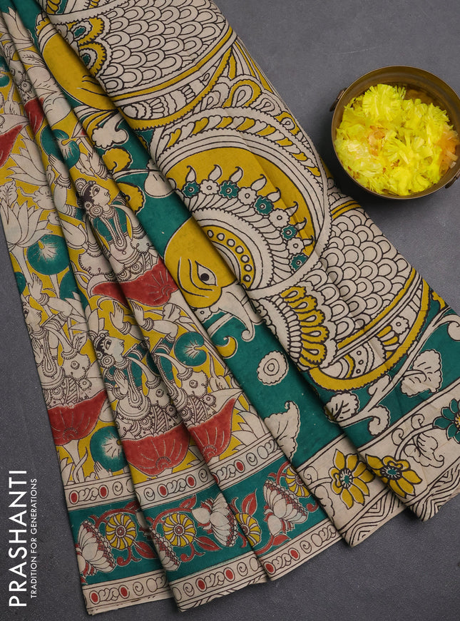 Kalamkari cotton saree yellow and teal green with allover prints and printed border