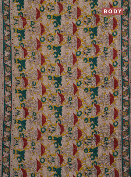 Kalamkari cotton saree yellow and teal green with allover prints and printed border