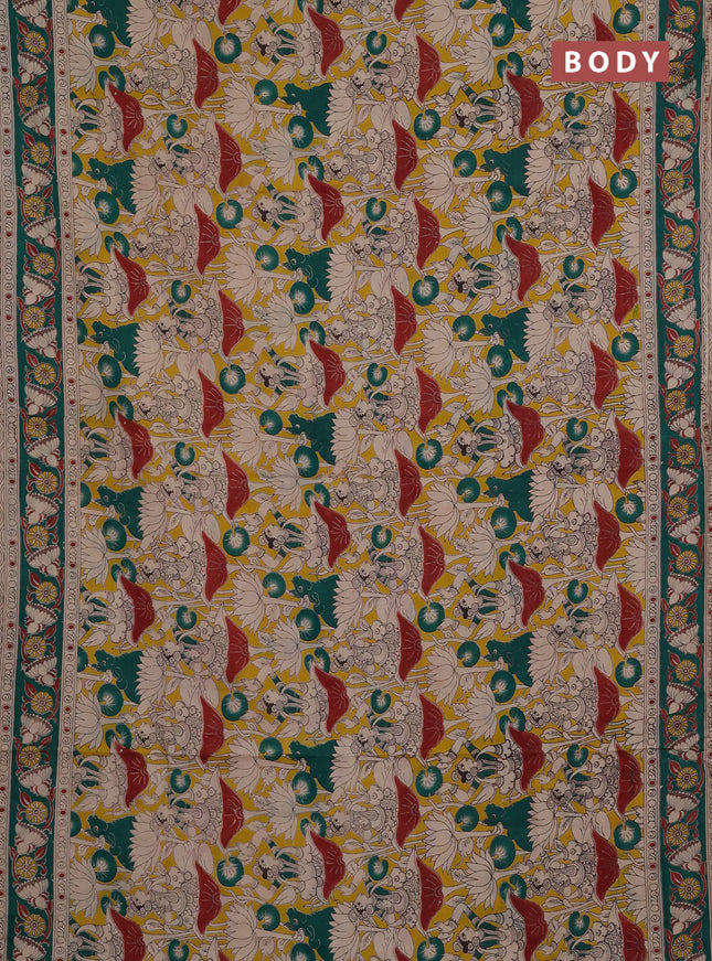 Kalamkari cotton saree yellow and teal green with allover prints and printed border
