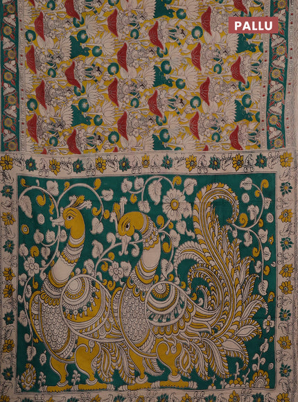 Kalamkari cotton saree yellow and teal green with allover prints and printed border