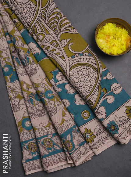 Kalamkari cotton saree mehendi green and teal blue with allover prints and printed border