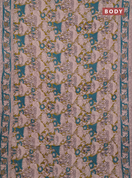 Kalamkari cotton saree mehendi green and teal blue with allover prints and printed border