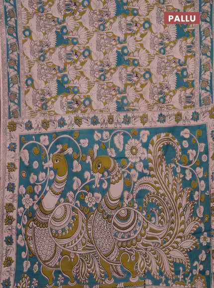 Kalamkari cotton saree mehendi green and teal blue with allover prints and printed border