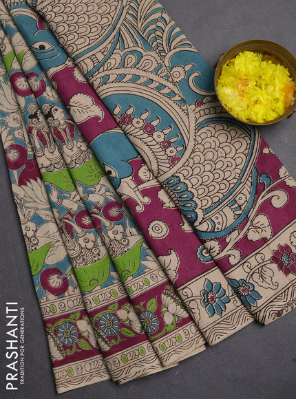 Kalamkari cotton saree teal blue and purple with allover prints and printed border