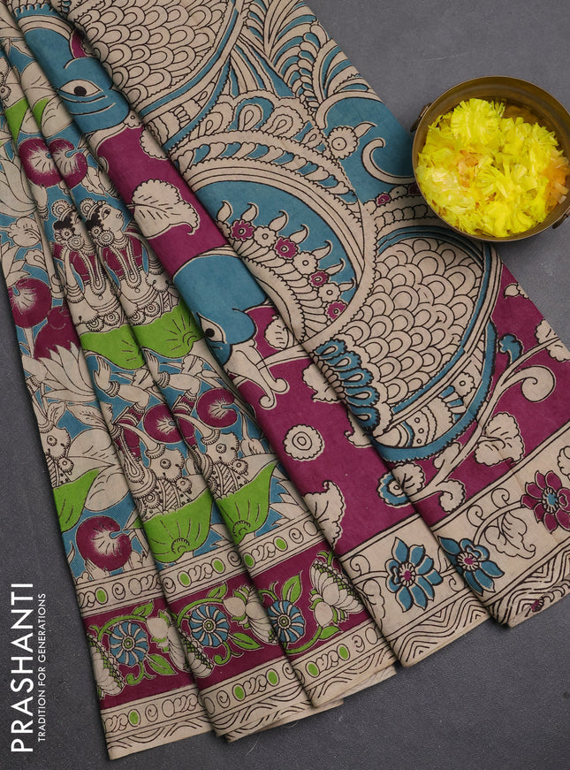 Kalamkari cotton saree teal blue and purple with allover prints and printed border