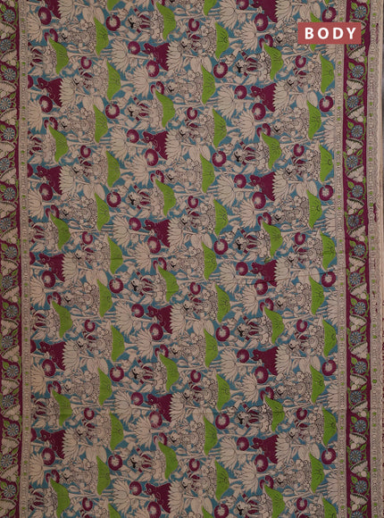 Kalamkari cotton saree teal blue and purple with allover prints and printed border
