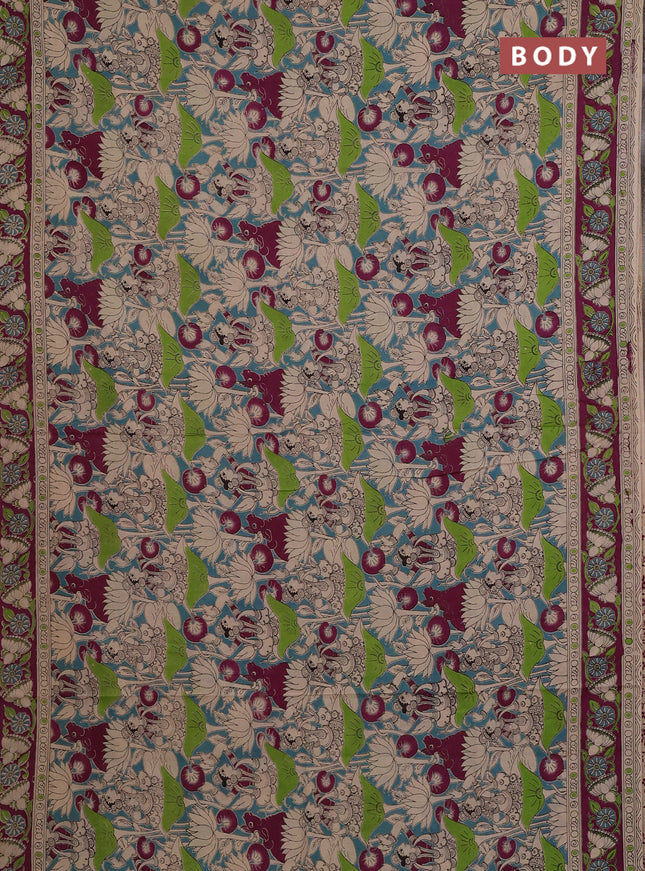 Kalamkari cotton saree teal blue and purple with allover prints and printed border