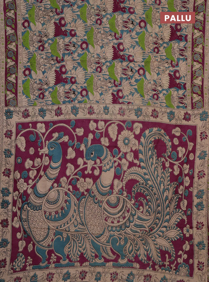 Kalamkari cotton saree teal blue and purple with allover prints and printed border