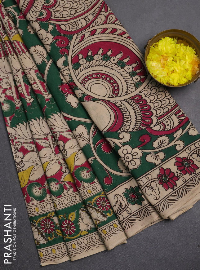 Kalamkari cotton saree pink and green with allover prints and printed border