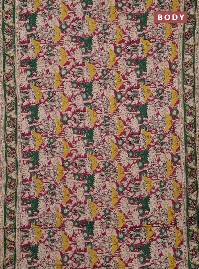 Kalamkari cotton saree pink and green with allover prints and printed border