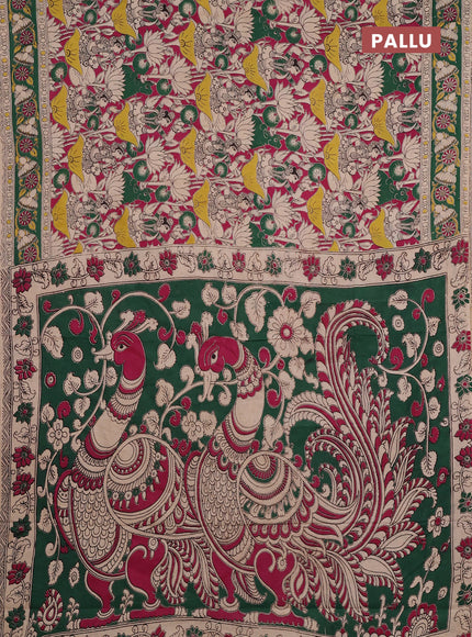 Kalamkari cotton saree pink and green with allover prints and printed border