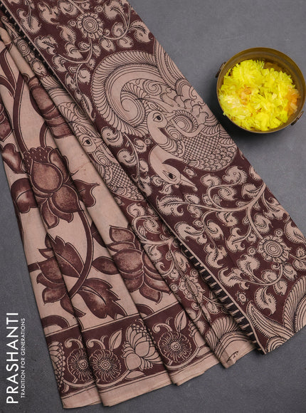 Kalamkari cotton saree beige and coffee brown with allover prints and printed border