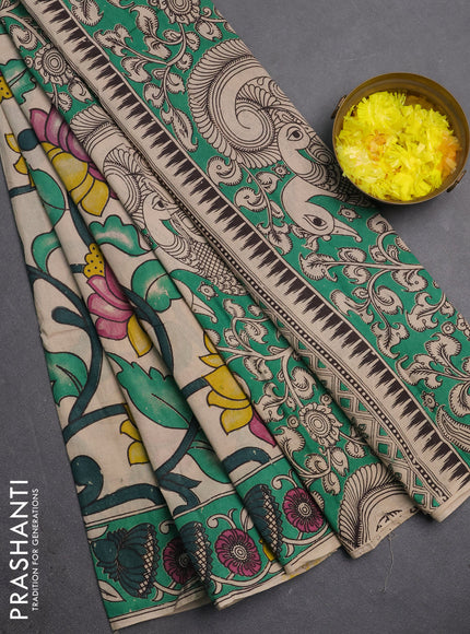 Kalamkari cotton saree beige and green with allover prints and printed border