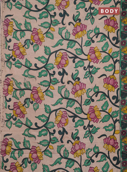Kalamkari cotton saree beige and green with allover prints and printed border