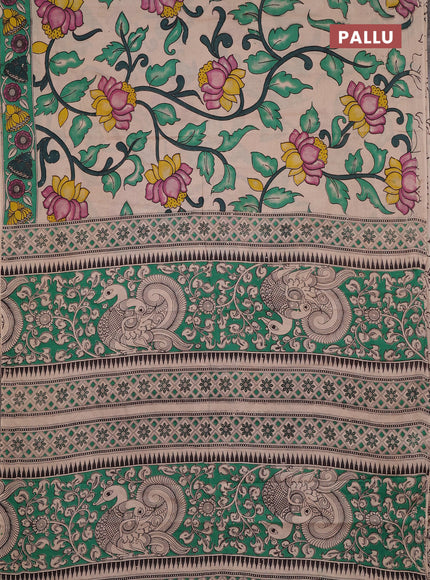 Kalamkari cotton saree beige and green with allover prints and printed border