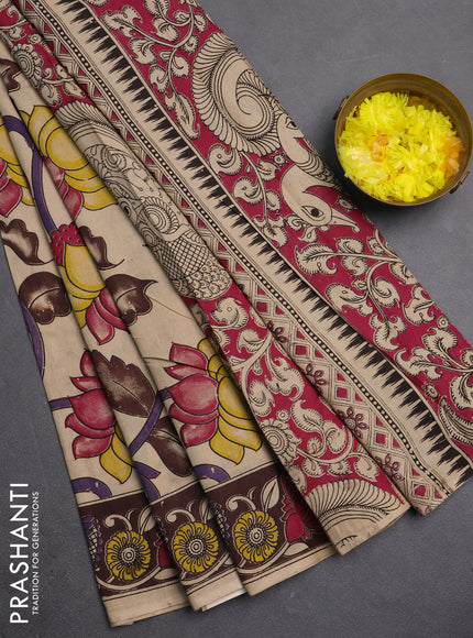 Kalamkari cotton saree beige and dark coffee brown with allover prints and printed border