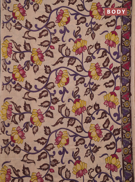 Kalamkari cotton saree beige and dark coffee brown with allover prints and printed border