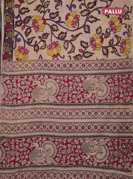 Kalamkari cotton saree beige and dark coffee brown with allover prints and printed border