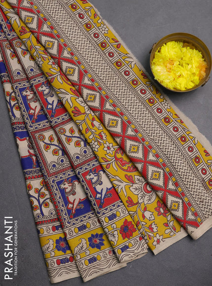 Kalamkari cotton saree red beige and yellow with allover pichwai prints and printed border