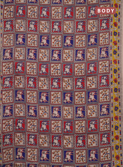 Kalamkari cotton saree red beige and yellow with allover pichwai prints and printed border