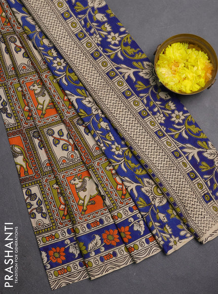 Kalamkari cotton saree light green and blue with allover pichwai prints and printed border