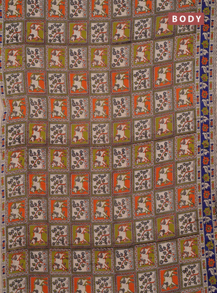 Kalamkari cotton saree light green and blue with allover pichwai prints and printed border
