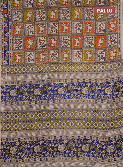 Kalamkari cotton saree light green and blue with allover pichwai prints and printed border
