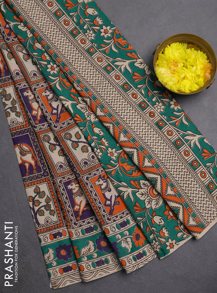 Kalamkari cotton saree orange beige and teal green with allover pichwai prints and printed border