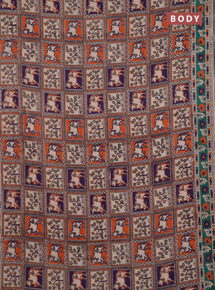 Kalamkari cotton saree orange beige and teal green with allover pichwai prints and printed border
