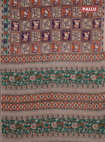 Kalamkari cotton saree orange beige and teal green with allover pichwai prints and printed border