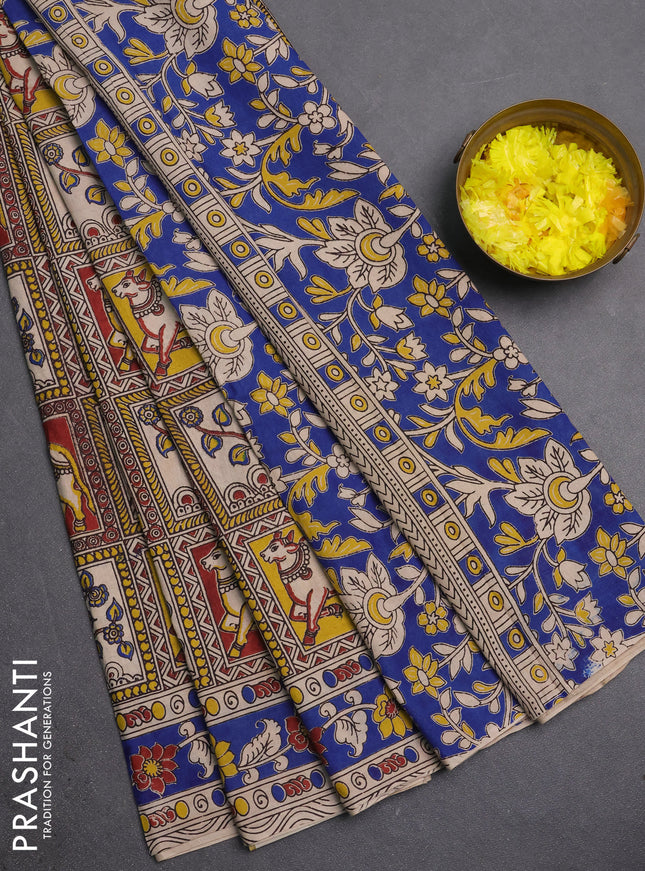 Kalamkari cotton saree beige and blue with allover pichwai prints and printed border