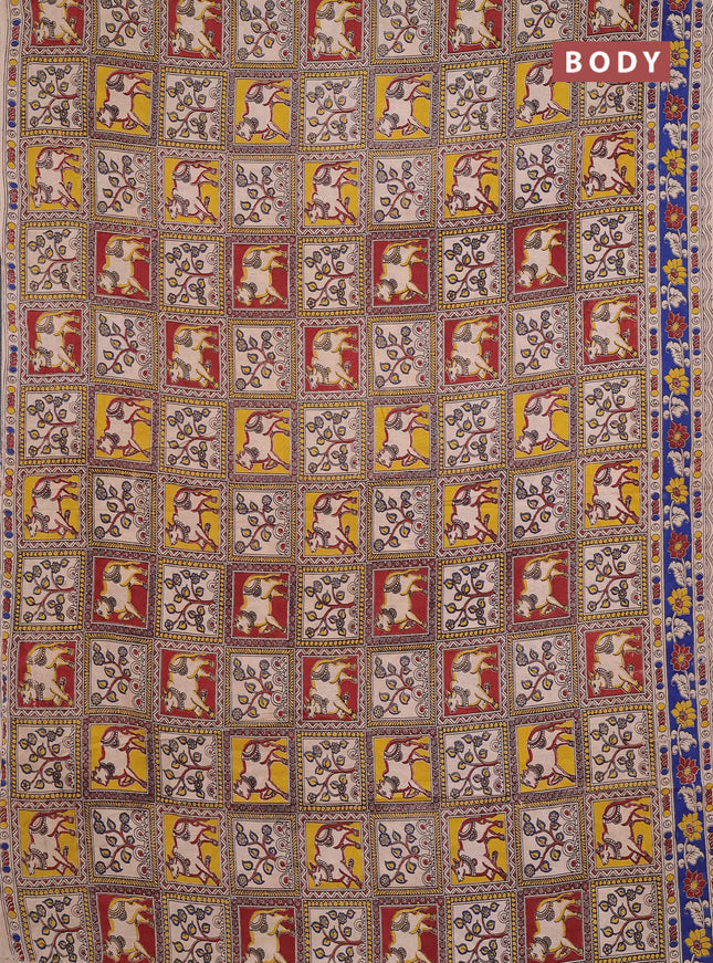 Kalamkari cotton saree beige and blue with allover pichwai prints and printed border