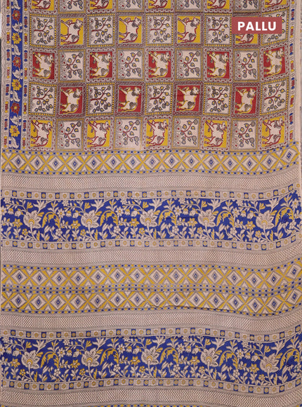 Kalamkari cotton saree beige and blue with allover pichwai prints and printed border