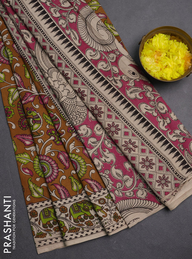 Kalamkari cotton saree brown and beige with allover prints and printed border