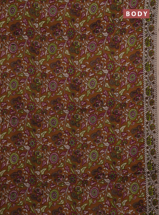 Kalamkari cotton saree brown and beige with allover prints and printed border