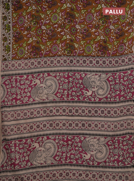 Kalamkari cotton saree brown and beige with allover prints and printed border
