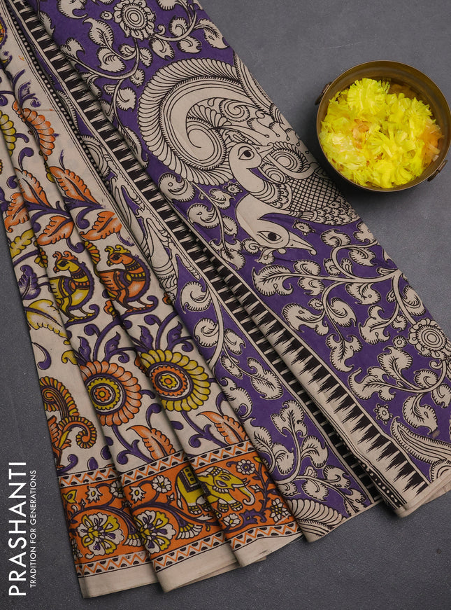 Kalamkari cotton saree beige and orange with allover prints and printed border