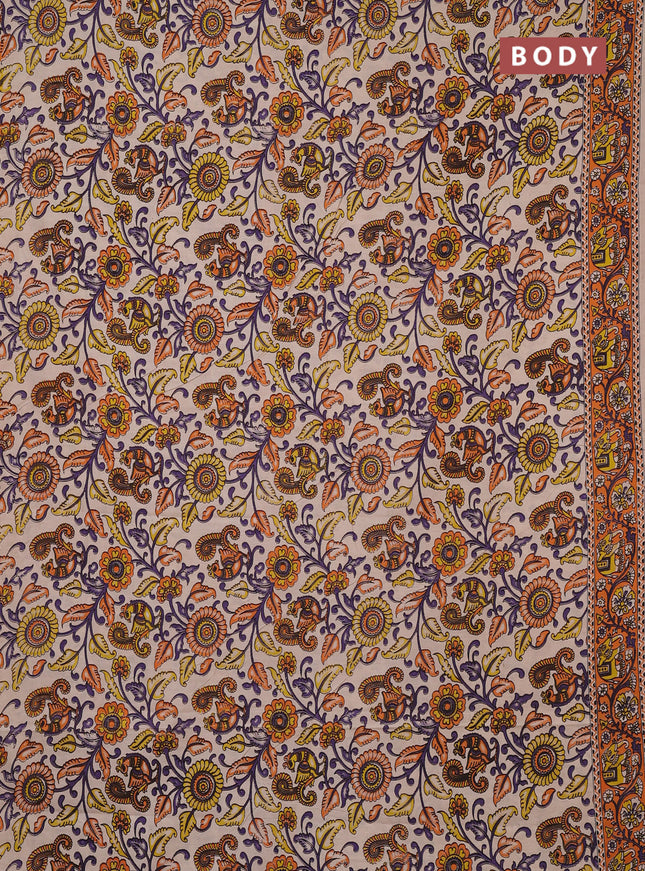 Kalamkari cotton saree beige and orange with allover prints and printed border
