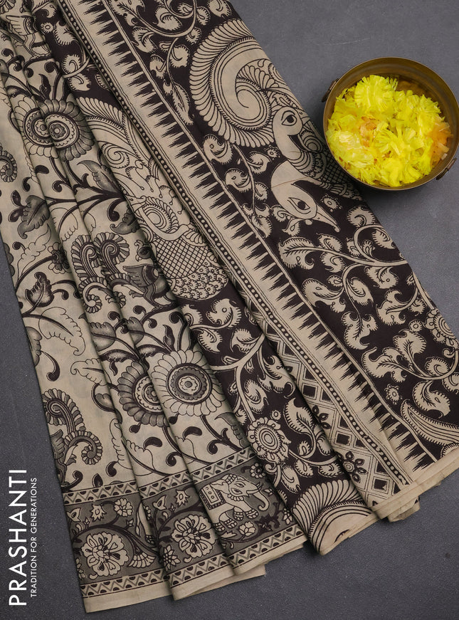 Kalamkari cotton saree beige and grey with allover prints and printed border