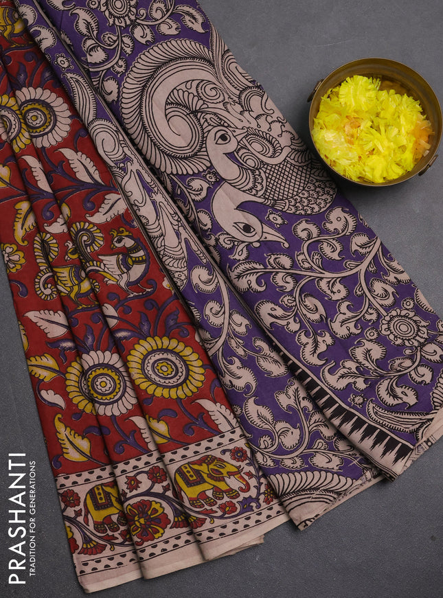 Kalamkari cotton saree maroon and beige with allover prints and printed border