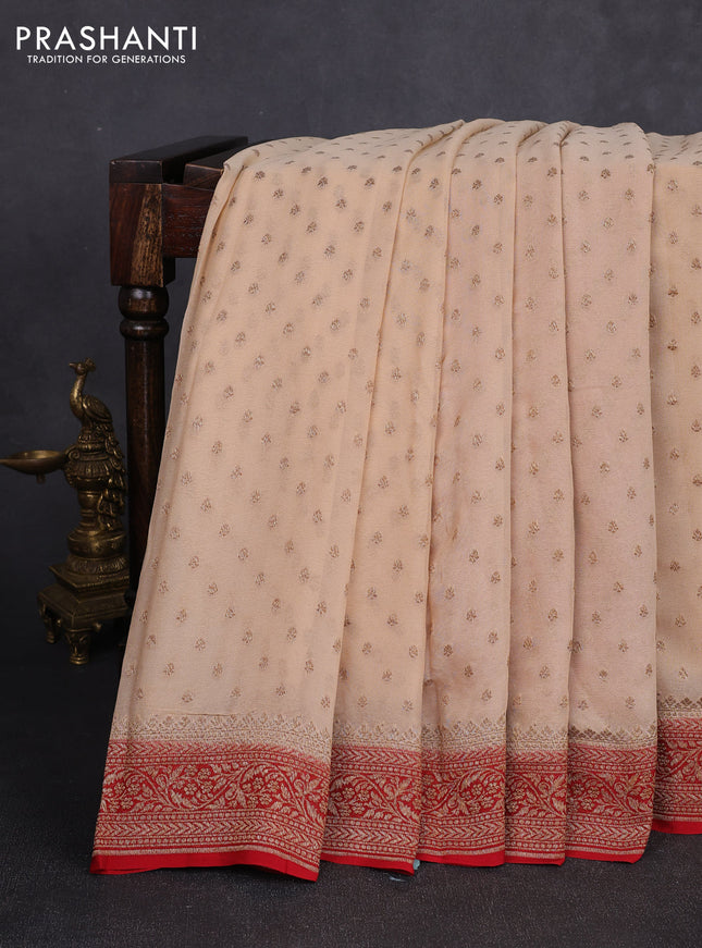 Banarasi georgette saree beige and red with allover thread & zari woven buttas and woven border