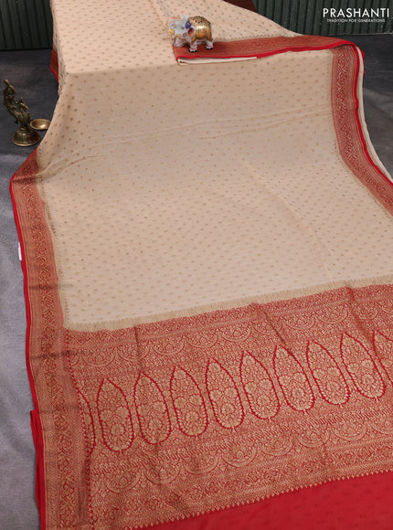 Banarasi georgette saree beige and red with allover thread & zari woven buttas and woven border