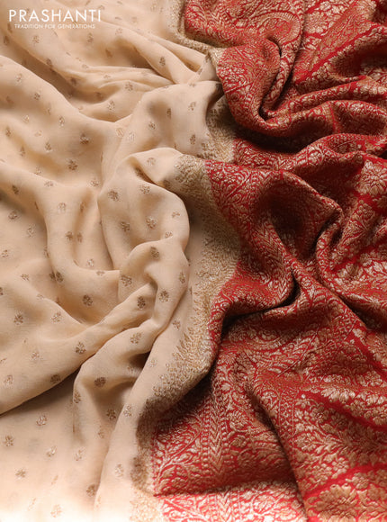 Banarasi georgette saree beige and red with allover thread & zari woven buttas and woven border