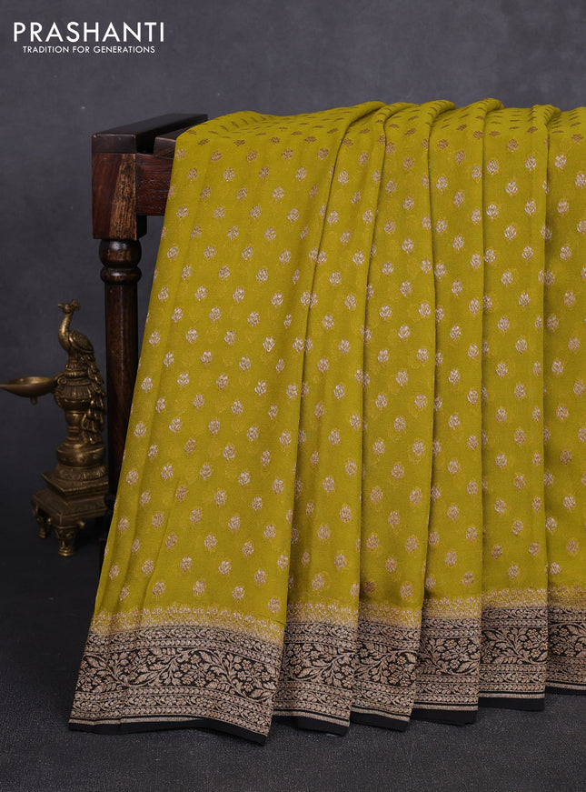 Banarasi georgette saree mustard green and black with allover thread & zari woven buttas and woven border