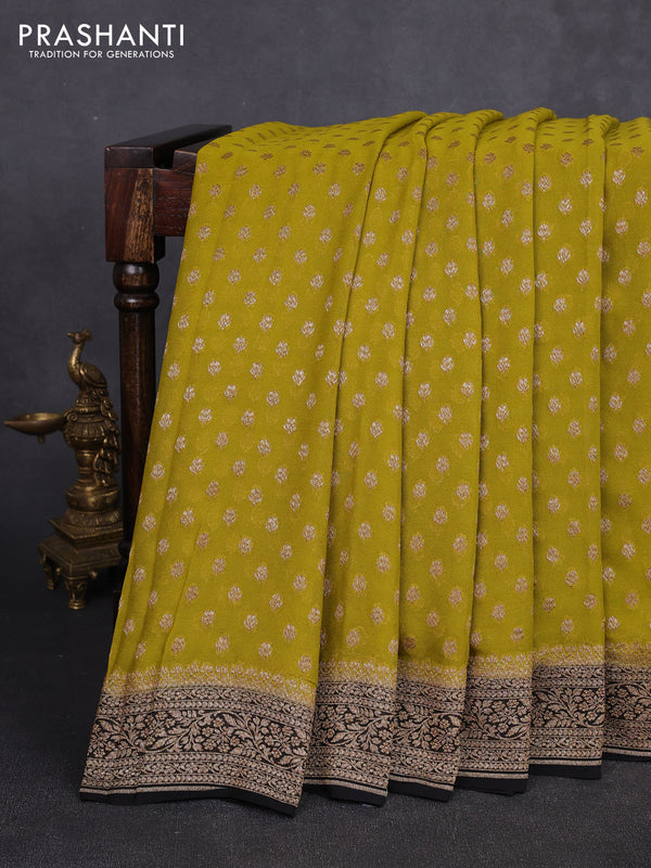 Banarasi georgette saree mustard green and black with allover thread & zari woven buttas and woven border