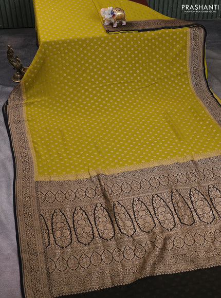 Banarasi georgette saree mustard green and black with allover thread & zari woven buttas and woven border