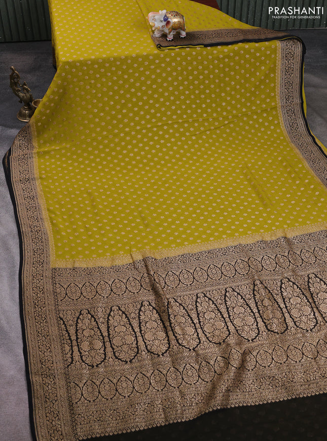 Banarasi georgette saree mustard green and black with allover thread & zari woven buttas and woven border